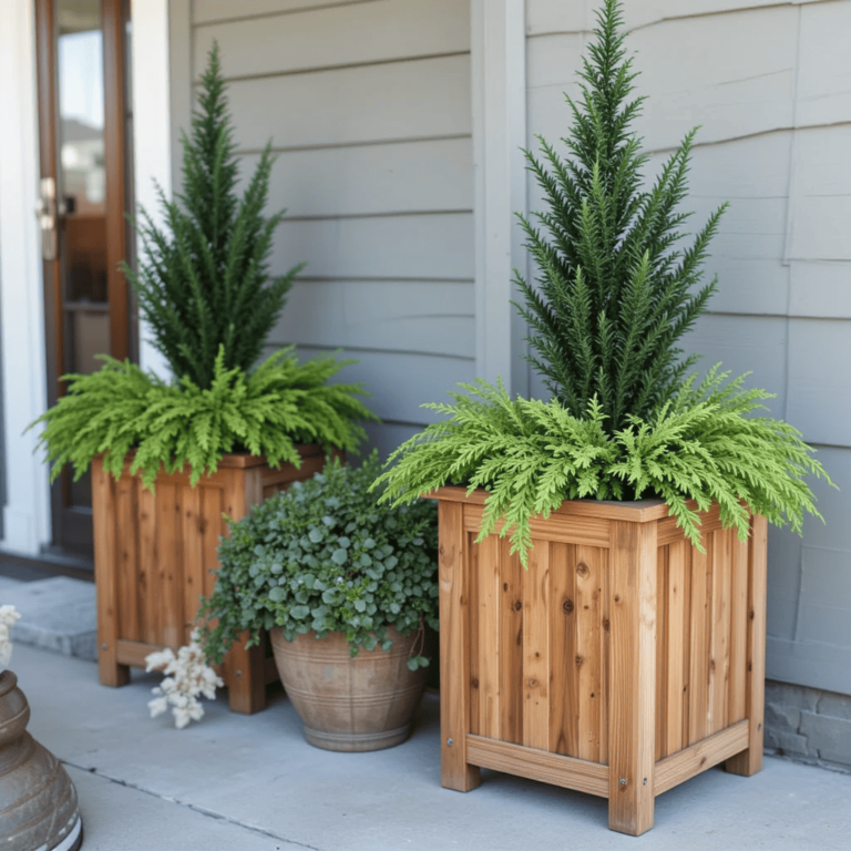 Breathtaking-Faux-Plants-for-Front-Porch-Ideas-with-Cedar-Planters