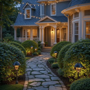 Charming-Bushes-in-Front-of-House-Ideas-with-Garden-Lighting.