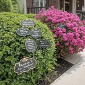 Charming-Bushes-in-Front-of-House-Ideas-with-Interactive-Plant-Labels.