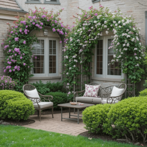 Charming-Bushes-in-Front-of-House-Ideas-with-Trellis-with-Climbing-Plants