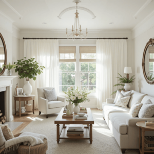 a living room with a fireplace and a couch