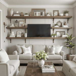 a living room with a television and shelves