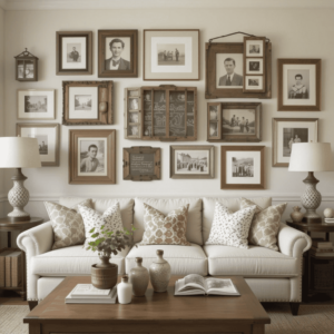 a living room with a couch and pictures on the wall