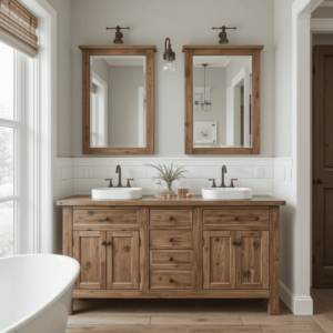 Chic-Farmhouse-Bathroom-Designs-with-Rustic-Wood-Vanities.