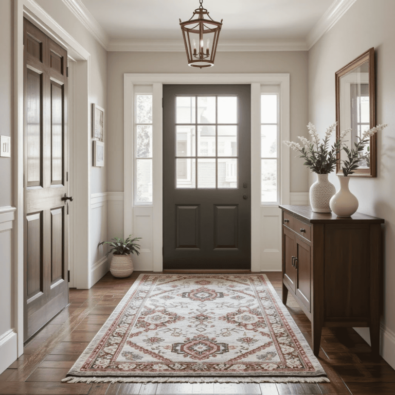 Chic-Small-Entrance-Hall-Ideas-with-Rug-Layering