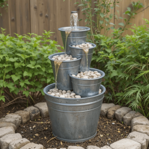 Creative DIY Solar Fountain Ideas with Metal Bucket Fountain.