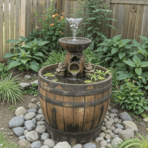 Creative DIY Solar Fountain Ideas with Wine Barrel Fountain.