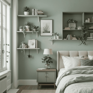 Gorgeous-Sage-Green-Bedroom-Ideas-with-Wall-Mounted-Shelves