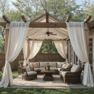 Innovative-Outdoor-Patio-Roof-Ideas-with-Wooden-Beams-with-Draped-Fabric