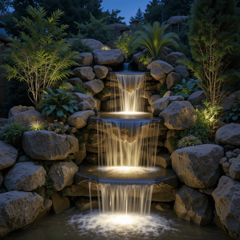 Small-Garden-Waterfalls-Ideas-with-LED-Lighted-Waterfalls.