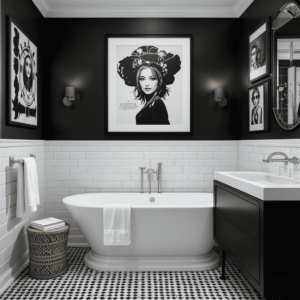 Stunning-Black-and-White-Bathroom-with-Artistic-Wall-Art