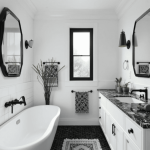 Stunning-Black-and-White-Bathroom-with-Black-Accents-on-White-Backgrounds.