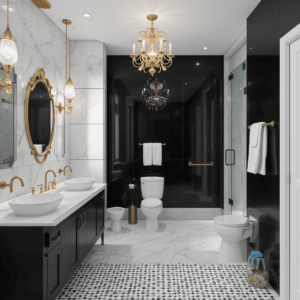 Stunning-Black-and-White-Bathroom-with-Bold-Lighting-Fixtures