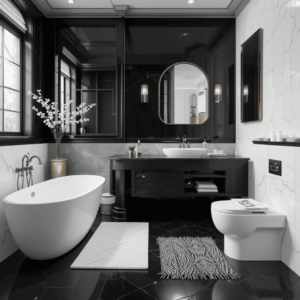 Stunning-Black-and-White-Bathroom-with-Contrasting-Flooring