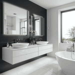 Stunning-Black-and-White-Bathroom-with-Floating-Vanities