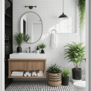 Stunning-Black-and-White-Bathroom-with-Nature-Inspired-Elements