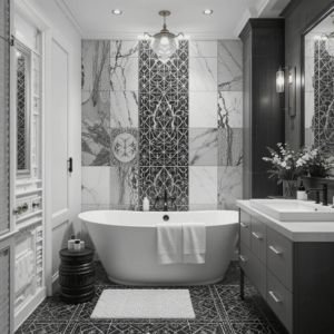 Stunning-Black-and-White-Bathroom-with-Tiled-Feature-Walls