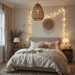  Stunning-Neutral-Boho-Bedrooms-with-Layered-Lighting-Options